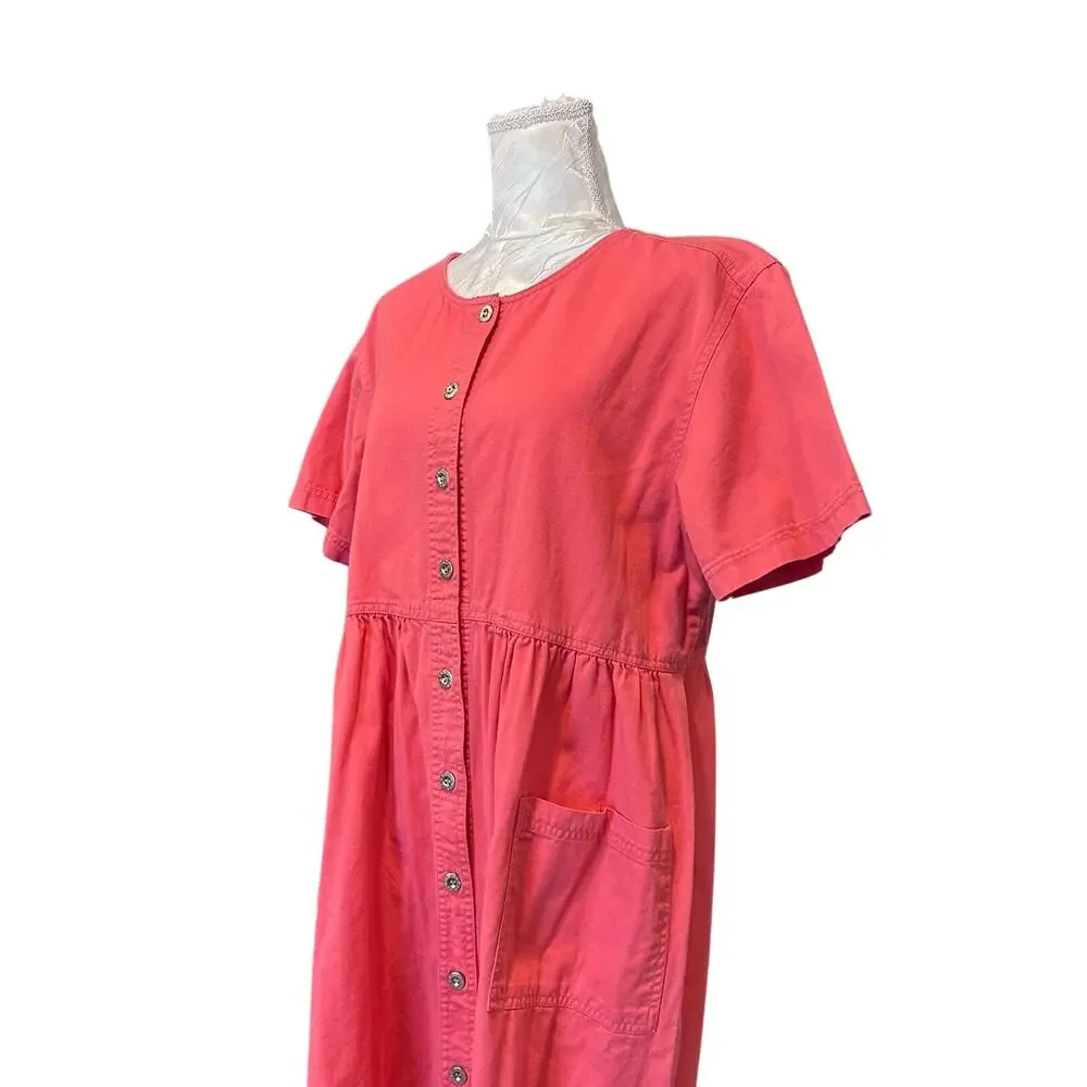 Vintage 90s Coral Cotton Button-Front Empire Waist Midi Dress Cottagecore XL